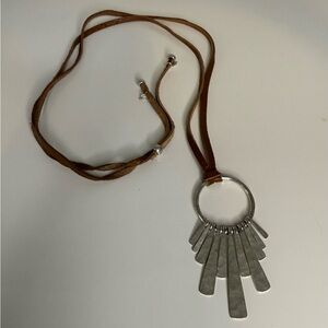 Lucky Brand Silver Pendant Necklace on Brown Leather Cord